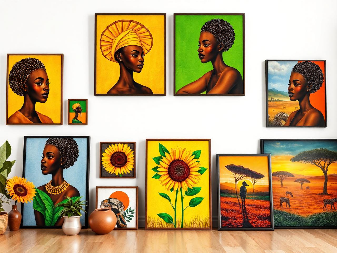Black African art wall featuring colorful portraits, sunflowers and savanna paintings in frames