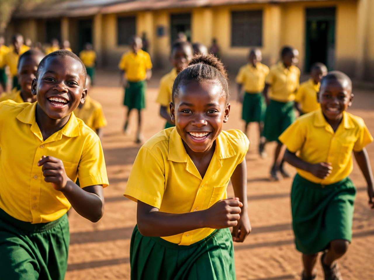 Happy African schoolchildren in yellow and green uniforms running outside their school